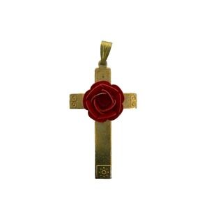 Vintage Gold Tone Cross Pendant Rose Center Religious Charm